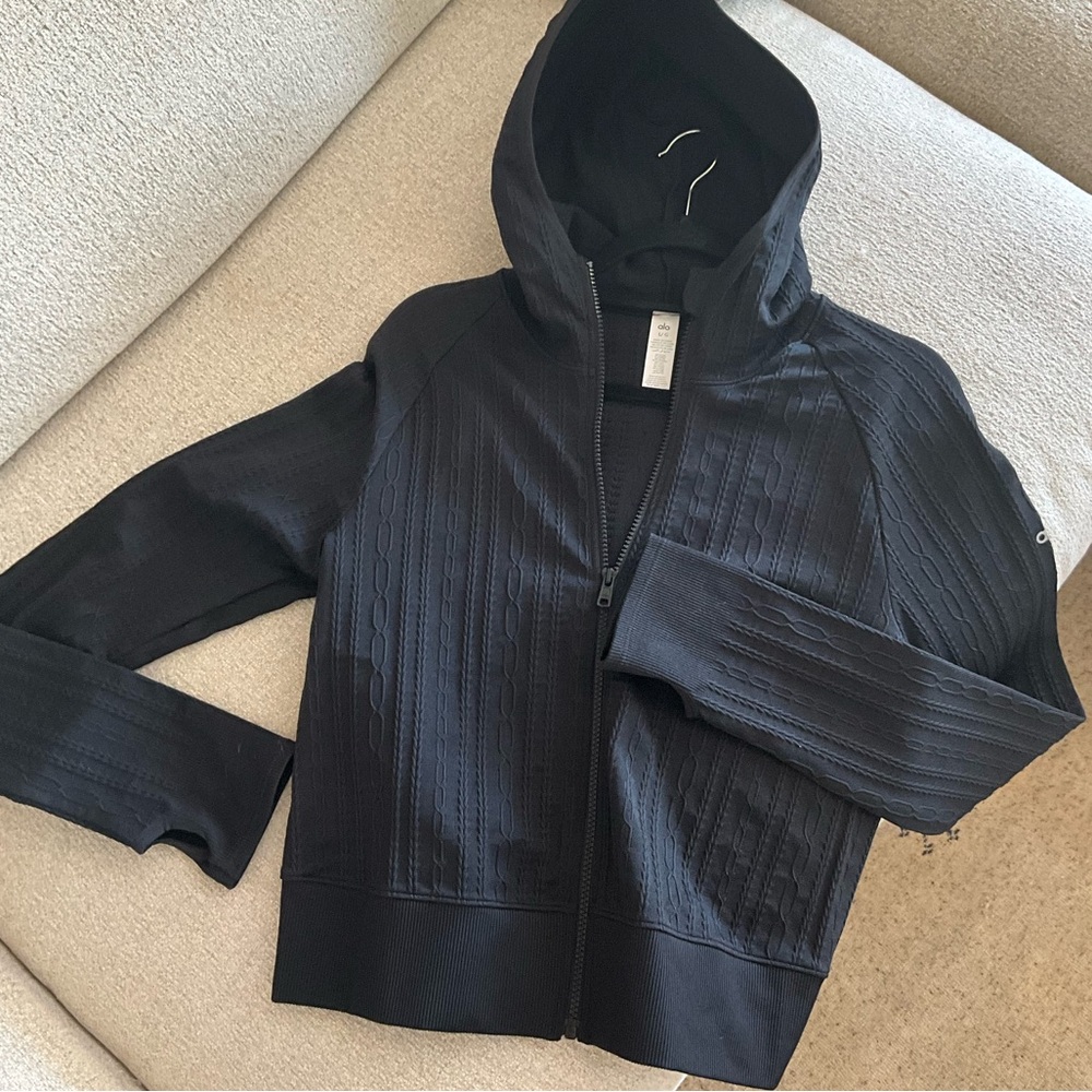 ALO seamless cable knit zip up BLACK hoodie jacket. Size Large